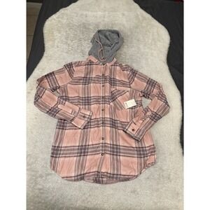 Mudd Pink Multicolor Tartan‎ Plaid Button Up Hooded Flannel Medium